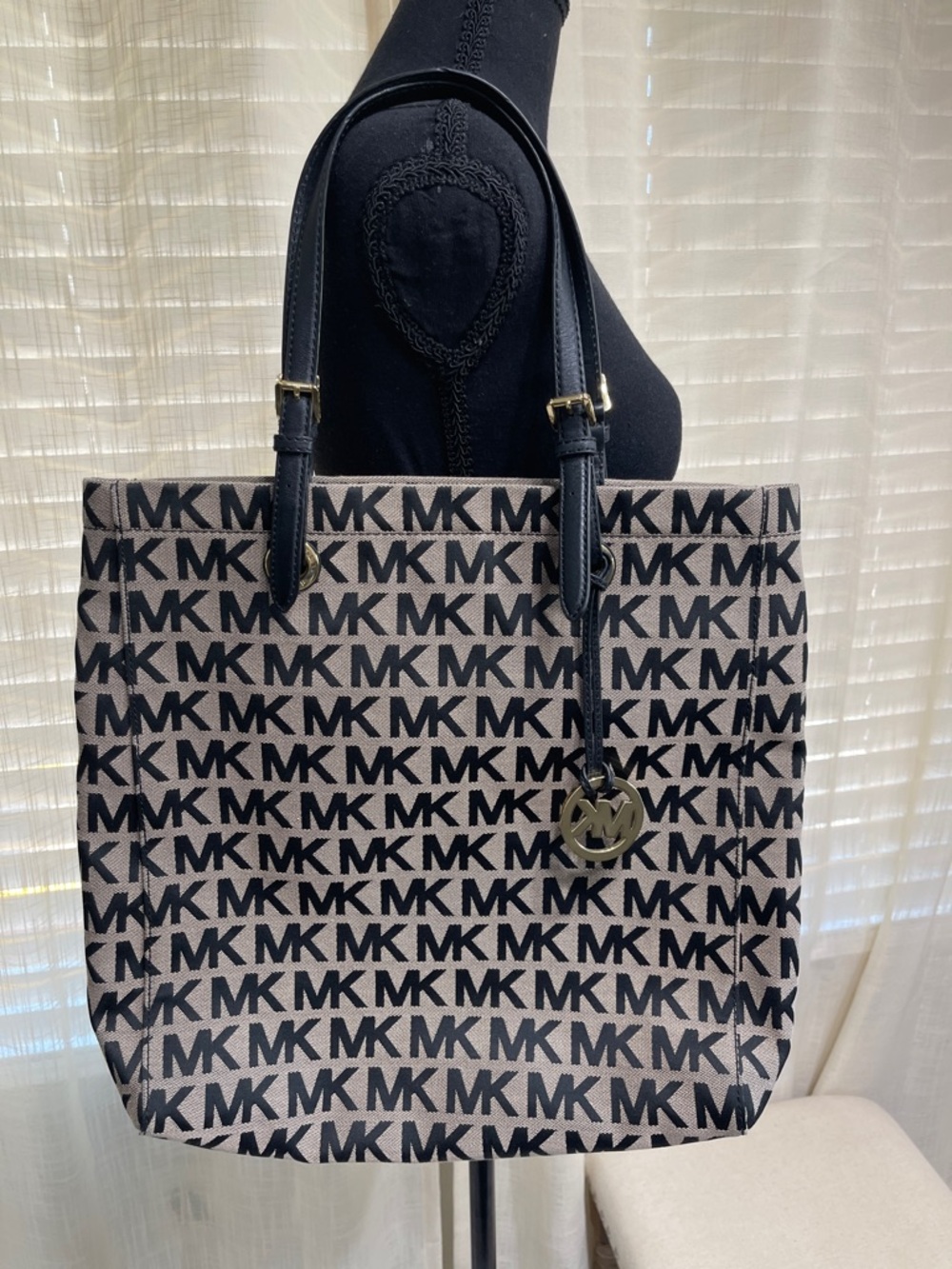 Michael Kors Black and Cream MK Logo Canvas Tote